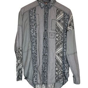 Free People Men's Grey Patchwork Paisley Long-Sleeve Shirt